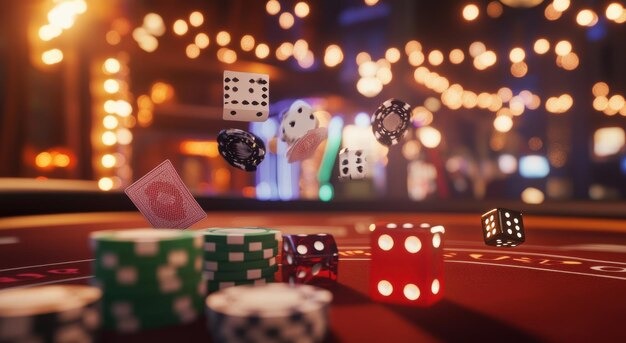 Baccarat table with dealer and player cards